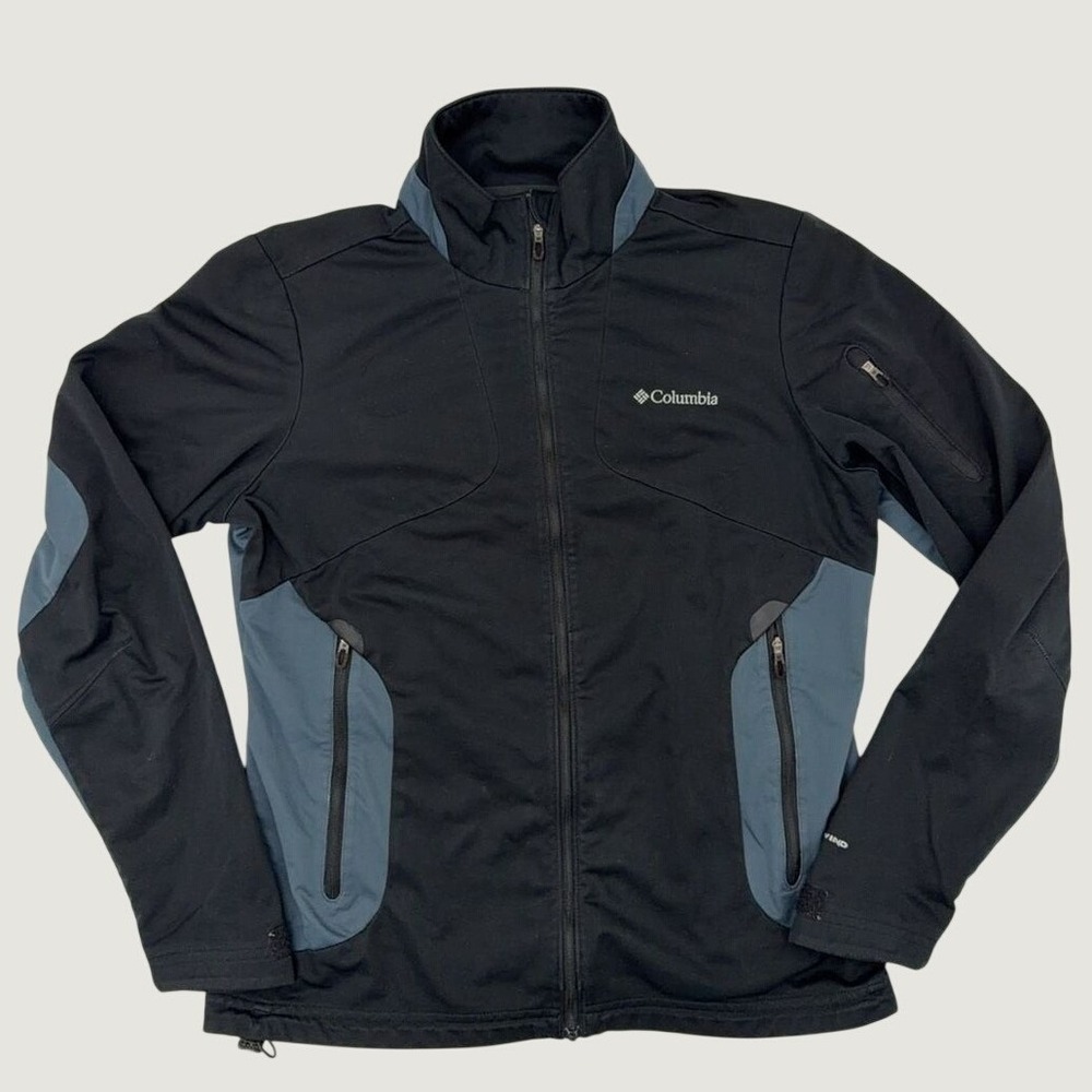 Columbia Softshell Jacket M Omni-Wind Block Full Zip Outdoor Hiking Black Blue